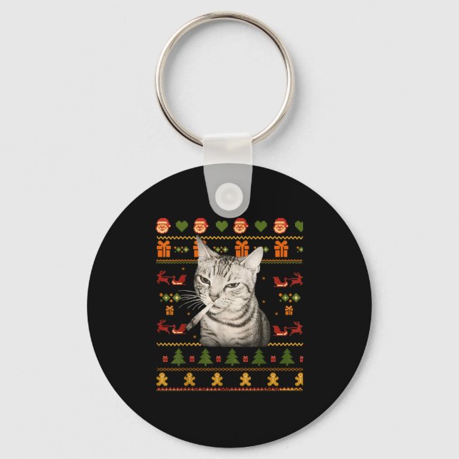 Funny Smoking Cat Meme Christmas Ugly Sweaters For Keychain (Front)