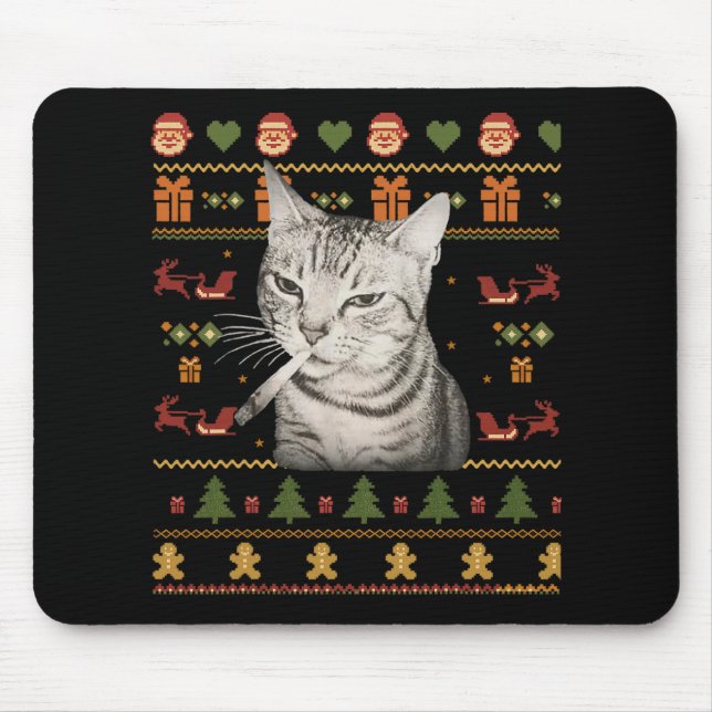Funny Smoking Cat Meme Christmas Ugly Sweaters For Mouse Pad (Front)