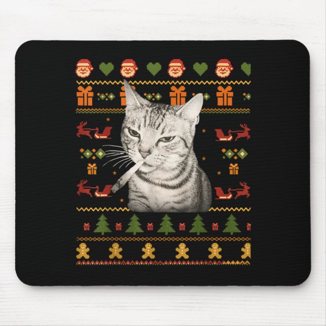 Funny Smoking Cat Meme Christmas Ugly Sweaters For Mouse Pad (Front)