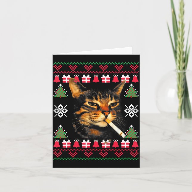 Funny Smoking Cat Meme Ugly Christmas Sweater For  Card (Front)