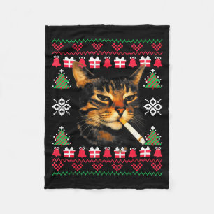 Funny Smoking Cat Meme Ugly Christmas Sweater For Fleece Blanket