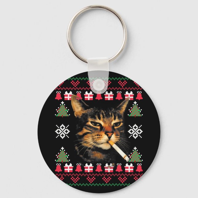 Funny Smoking Cat Meme Ugly Christmas Sweater For  Keychain (Front)