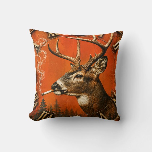 Funny Smoking Deer Rustic Hunting Cabin  Throw Pillow (Front)