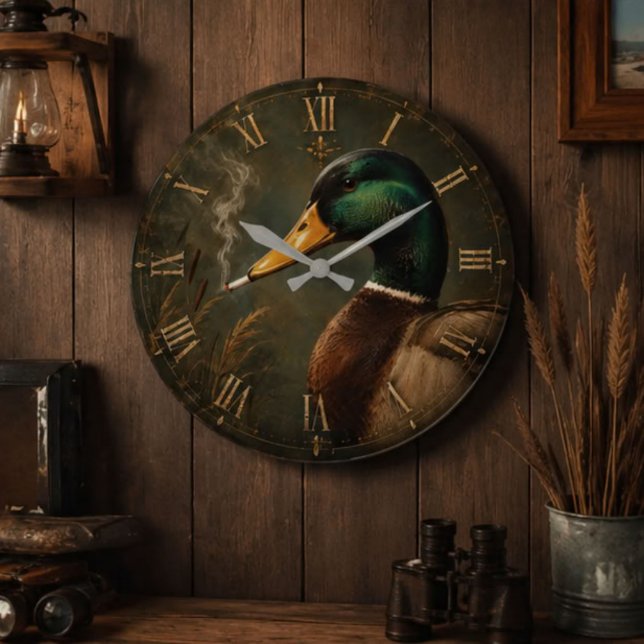 Funny Smoking Duck Hunter Cabin  Large Clock (Creator Uploaded)