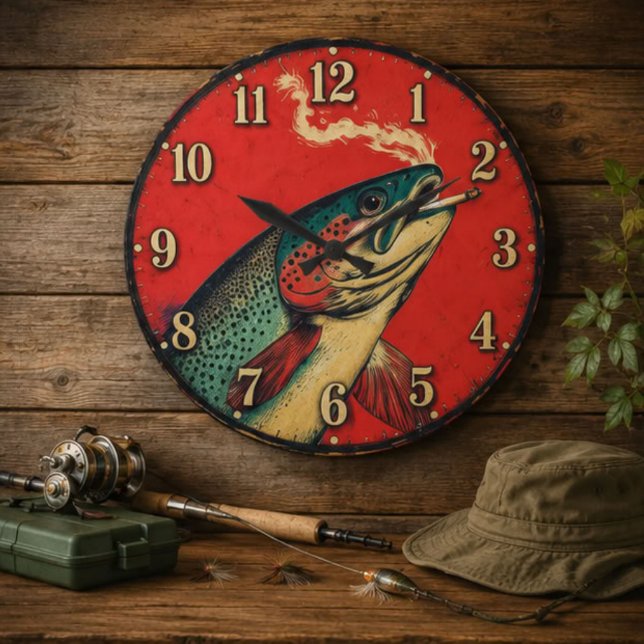 Funny Smoking Fish Fisherman  Large Clock (Creator Uploaded)