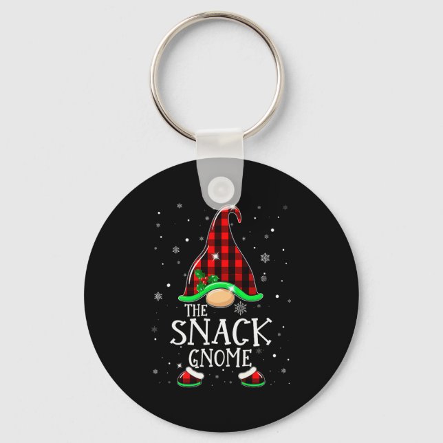 Funny Snack Gnome Buffalo Plaid Matching Christmas Keychain (Front)