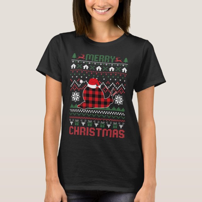 Funny Snail Ugly Christmas Red Plad Lights Sweater (Front)