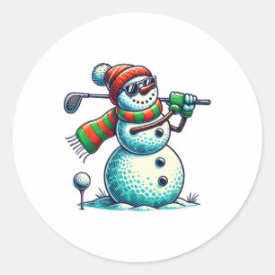 Funny Snoman Playing Golf Ball Christmas Golf Love Classic Round Sticker