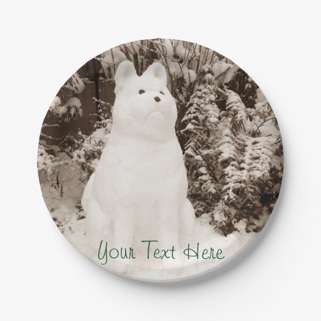 funny snow akita snowman christmas photograph paper plate (Front)