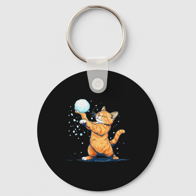 Funny Snowball Cat In Winter For Men Women Kids  Keychain (Front)