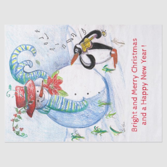 FUNNY SNOWMAN AND PENGUIN'S WINTER SERENADE TISSUE PAPER (Front)