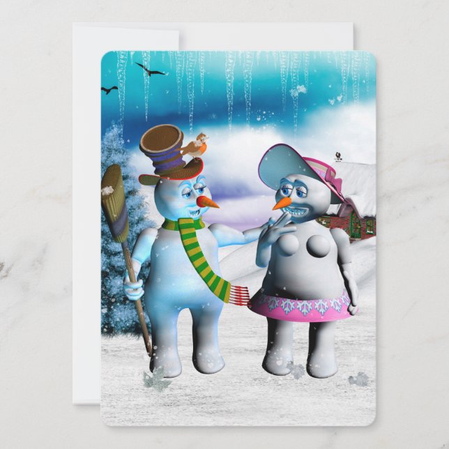 Funny snowman and snow women invitation (Front)