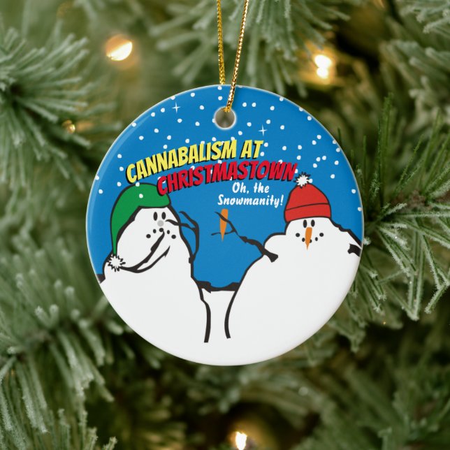 Funny snowman cannibalism at Christmastown Ceramic Ornament (Tree)