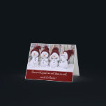 Funny Snowman Christmas Card<br><div class="desc">Four cute,  young snowmen in knitted hats.  One sees no evil,  one speaks no evil,  one hears no evil while the fourth one has just seen Santa!  A cute and funny Christmas greeting card that is sure to delight everyone who sees it.</div>