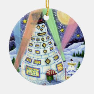 FUNNY SNOWMAN HOTEL, NORTHERN LIGHTS And PENGUINS Ceramic Ornament