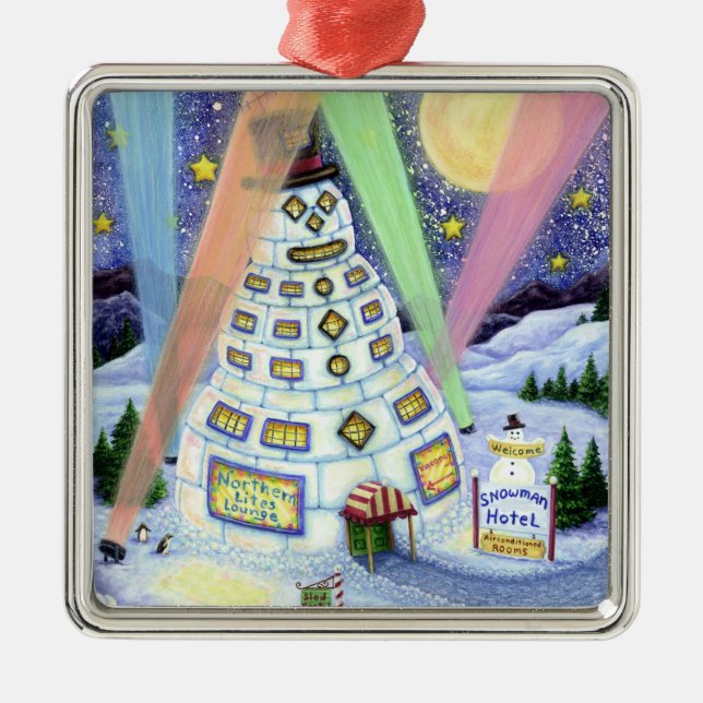 FUNNY SNOWMAN HOTEL, NORTHERN LIGHTS And PENGUINS Metal Ornament (Front)