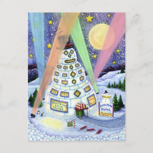 FUNNY SNOWMAN HOTEL, NORTHERN LIGHTS And PENGUINS Postcard (Front)