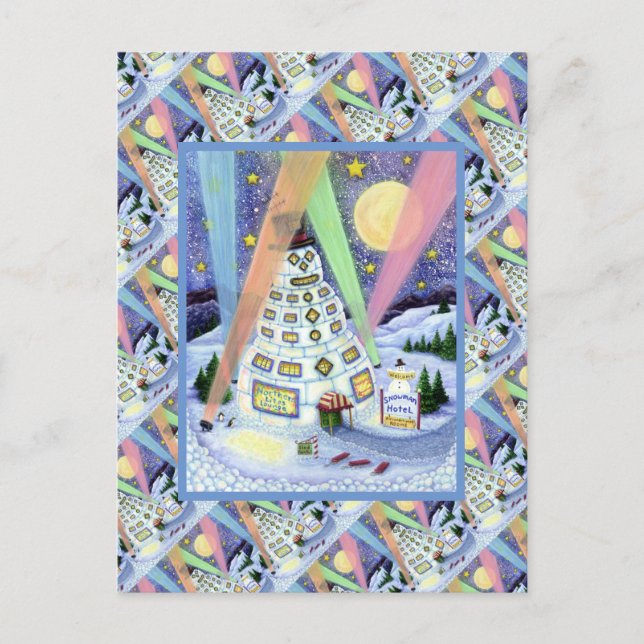 FUNNY SNOWMAN HOTEL, NORTHERN LIGHTS And PENGUINS Postcard (Front)