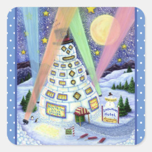 FUNNY SNOWMAN HOTEL, NORTHERN LIGHTS And PENGUINS Square Sticker