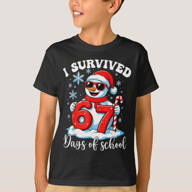 Funny Snowman I Survived 67 Days Of School Holiday T-Shirt (Front)