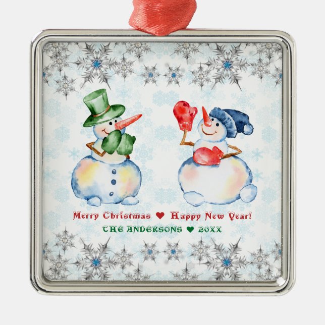 Funny Snowman Merry Christmas Crystals Snowflakes Metal Ornament (Front)