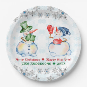 Funny Snowman Merry Christmas Crystals Snowflakes Paper Plate