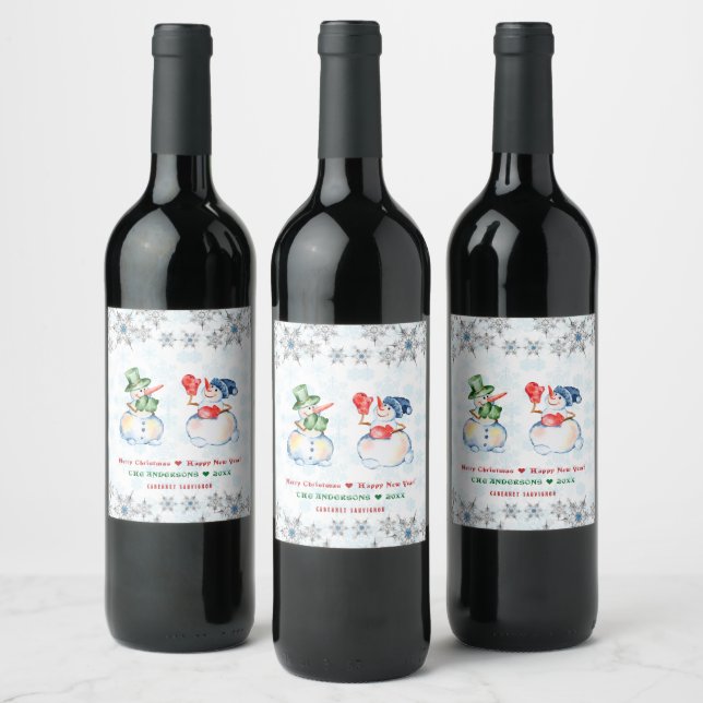 Funny Snowman Merry Christmas Crystals Snowflakes Wine Label (Bottles)