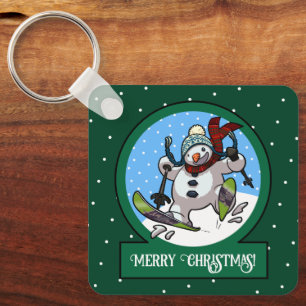 Funny Snowman Merry Christmas! Skiing Cartoon Keychain