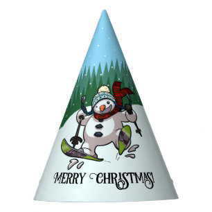 Funny Snowman Merry Christmas Skiing Cartoon Party Hat