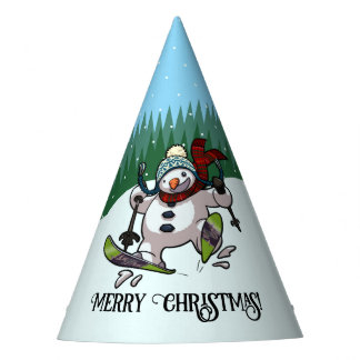 Funny Snowman Merry Christmas Skiing Cartoon Party Hat