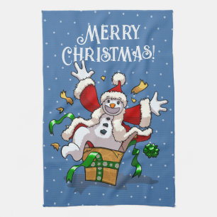 Funny Snowman Merry Christmas Surprise Cartoon Kitchen Towel