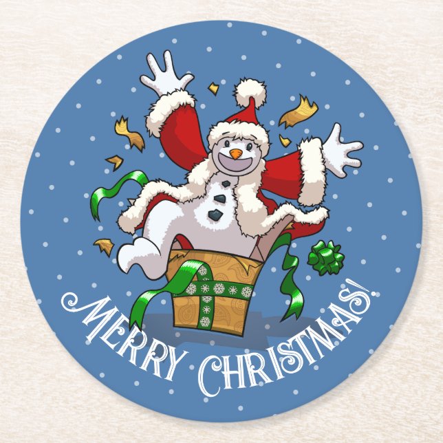 Funny Snowman Merry Christmas Surprise Cartoon Round Paper Coaster (Front)