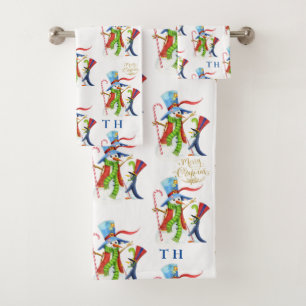Funny Snowman Penguin Gold Glitter Merry Christmas Bath Towel Set