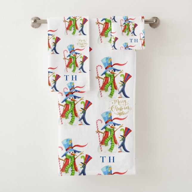 Funny Snowman Penguin Gold Glitter Merry Christmas Bath Towel Set (Insitu)