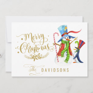 Funny Snowman Penguin Gold Glitter Merry Christmas Holiday Card