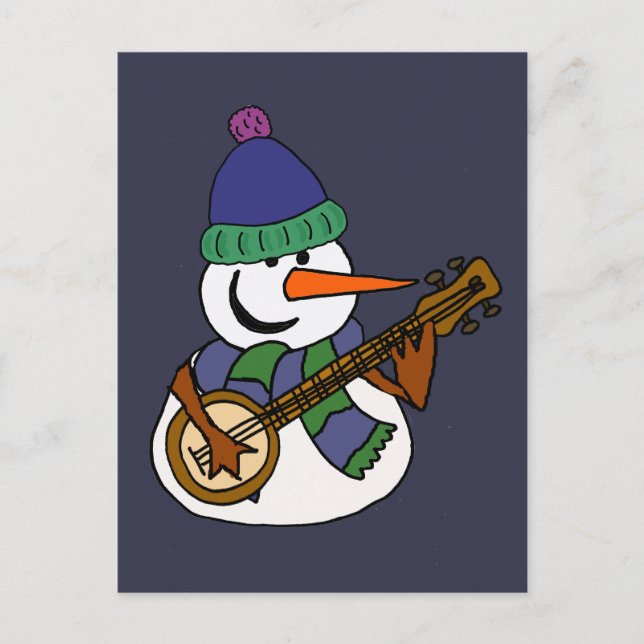 Funny Snowman Playing Banjo Artwork Postcard (Front)