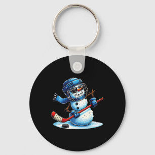 Funny Snowman Playing Ice Hockey Lovers Boys Girls Keychain