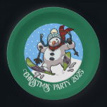 Funny Snowman Skiing Christmas Party Year Cartoon Paper Plate<br><div class="desc">A funny skiing snowman on paper cups to add some magic to your Christmas party. Use "Personalize this template" to tweak the text or year and make a unique, customized xmas accessory. The cups feature a cartoon of a cute snowman with a carrot nose, dashing downhill through the snow on...</div>