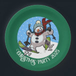 Funny Snowman Skiing Christmas Party Year Cartoon Paper Plate<br><div class="desc">A funny skiing snowman on paper cups to add some magic to your Christmas party. Use "Personalize this template" to tweak the text or year and make a unique, customized xmas accessory. The cups feature a cartoon of a cute snowman with a carrot nose, dashing downhill through the snow on...</div>