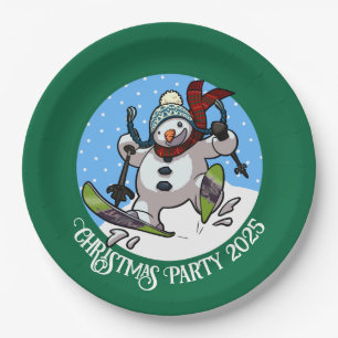 Funny Snowman Skiing Christmas Party Year Cartoon Paper Plate