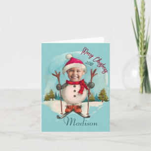 Funny Snowman Snowboarding Ski Kids Photo Holiday Card