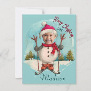 Funny Snowman Snowman Skiing Kids Photo Holiday Card