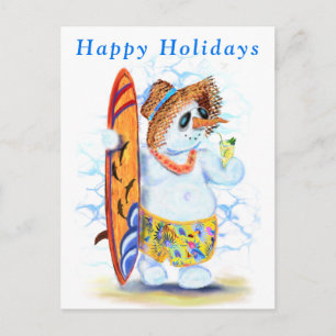Funny Snowman Surfer Happy Holidays Cards