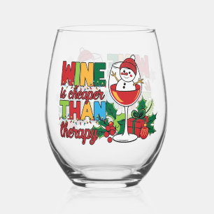 Funny snowman therapy drinking party Christmas Stemless Wine Glass