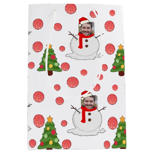 Funny Snowman White Red Green Photo Face Xmas Medium Gift Bag (Front)