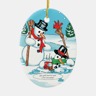 Funny Snowman with Hot Chocolate Cartoon Ceramic Ornament