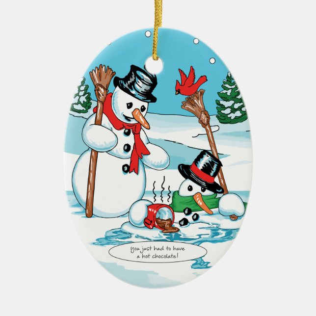 Funny Snowman with Hot Chocolate Cartoon Ceramic Ornament (Front)