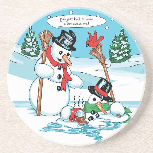 Funny Snowman with Hot Chocolate Cartoon Coaster (Front)