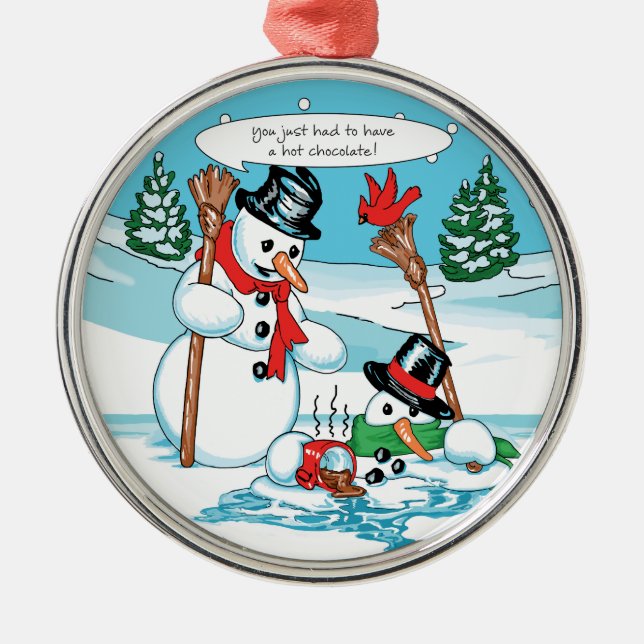 Funny Snowman with Hot Chocolate Cartoon Metal Ornament (Front)