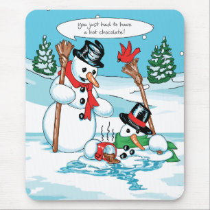 Funny Snowman with Hot Chocolate Cartoon Mouse Pad